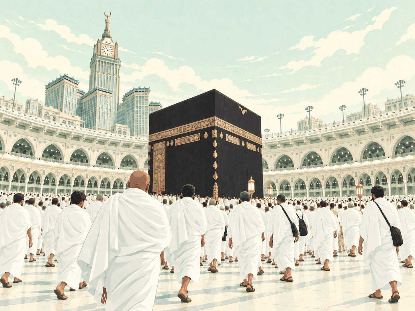 حجاج بملابس الإحرام أمام الكعبة المشرفة